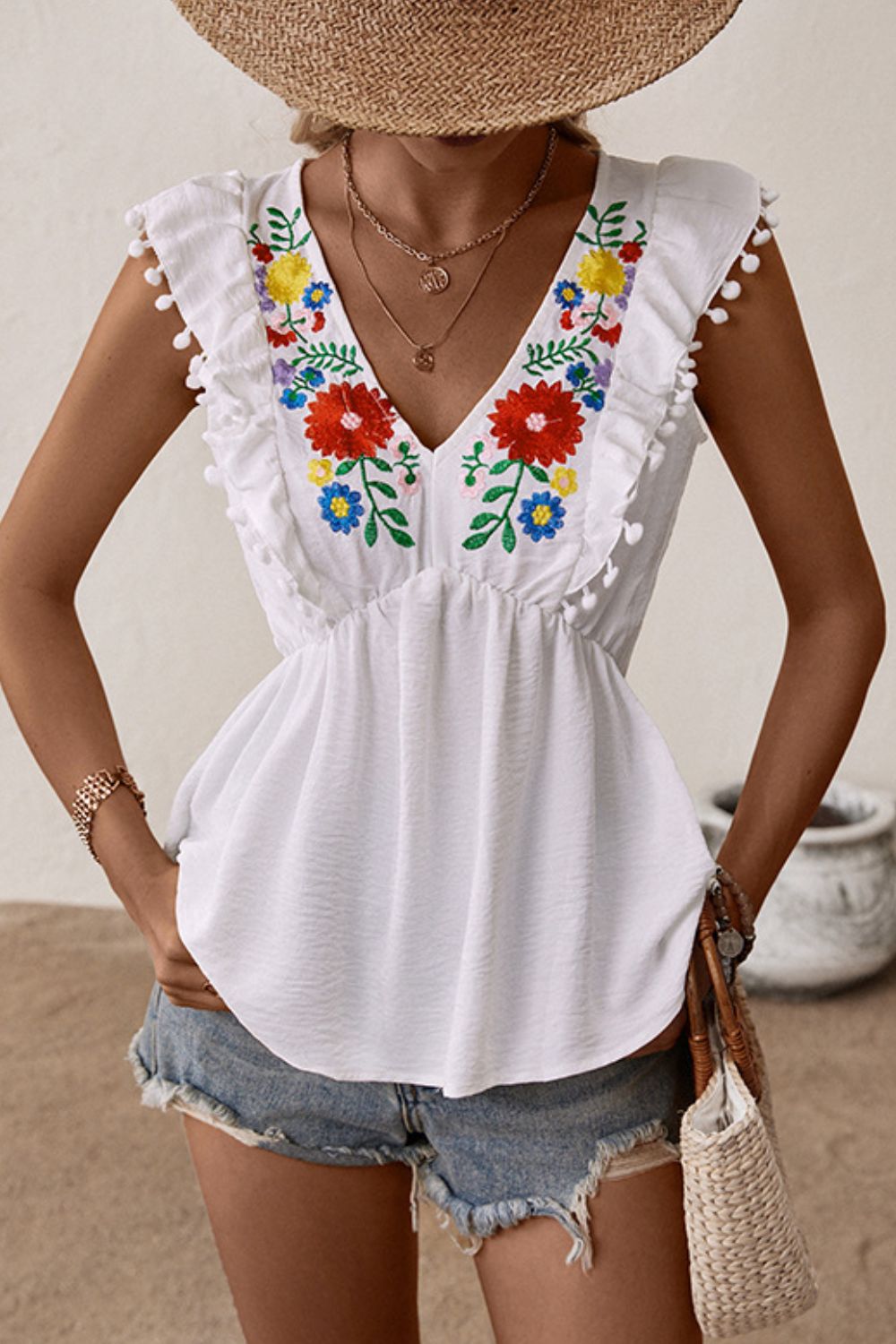 Perfee Embroidered Pom-Pom Trim Cap Sleeve Babydoll Top