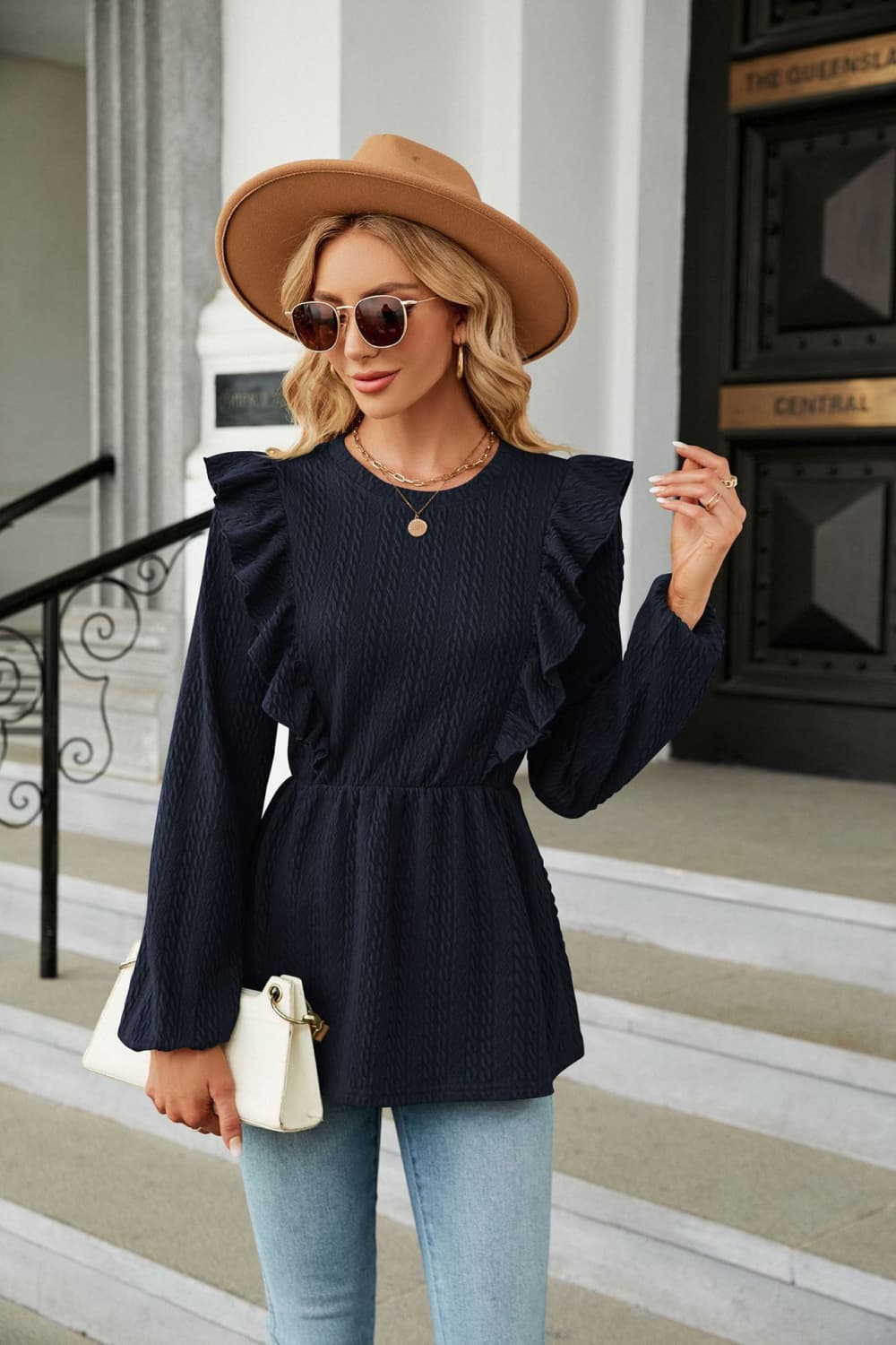 Buy navy Round Neck Ruffled Peplum Blouse