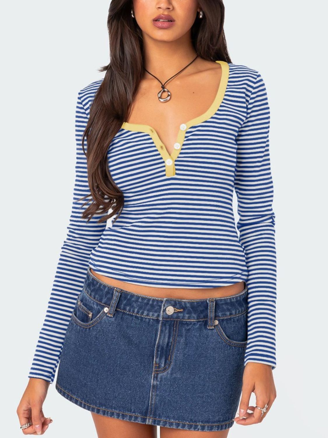 Buy blue Buttoned Striped Long Sleeve T-Shirt