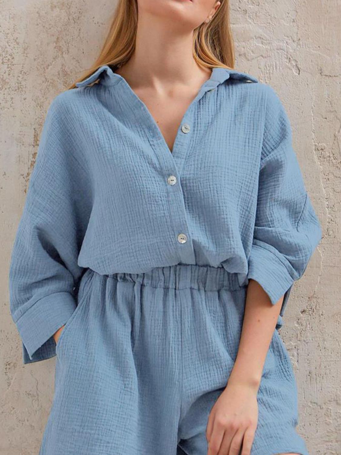 Buy light-blue Texture Button Up Shirt and Shorts Set