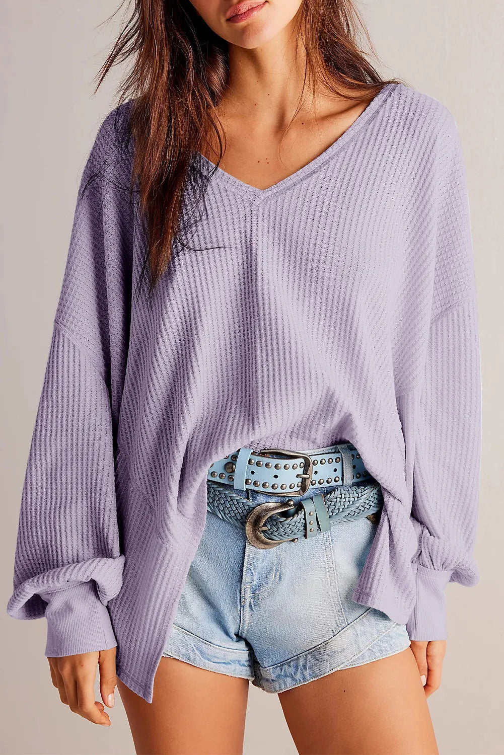 Buy lavender Waffle-Knit V-Neck Long Sleeve Top