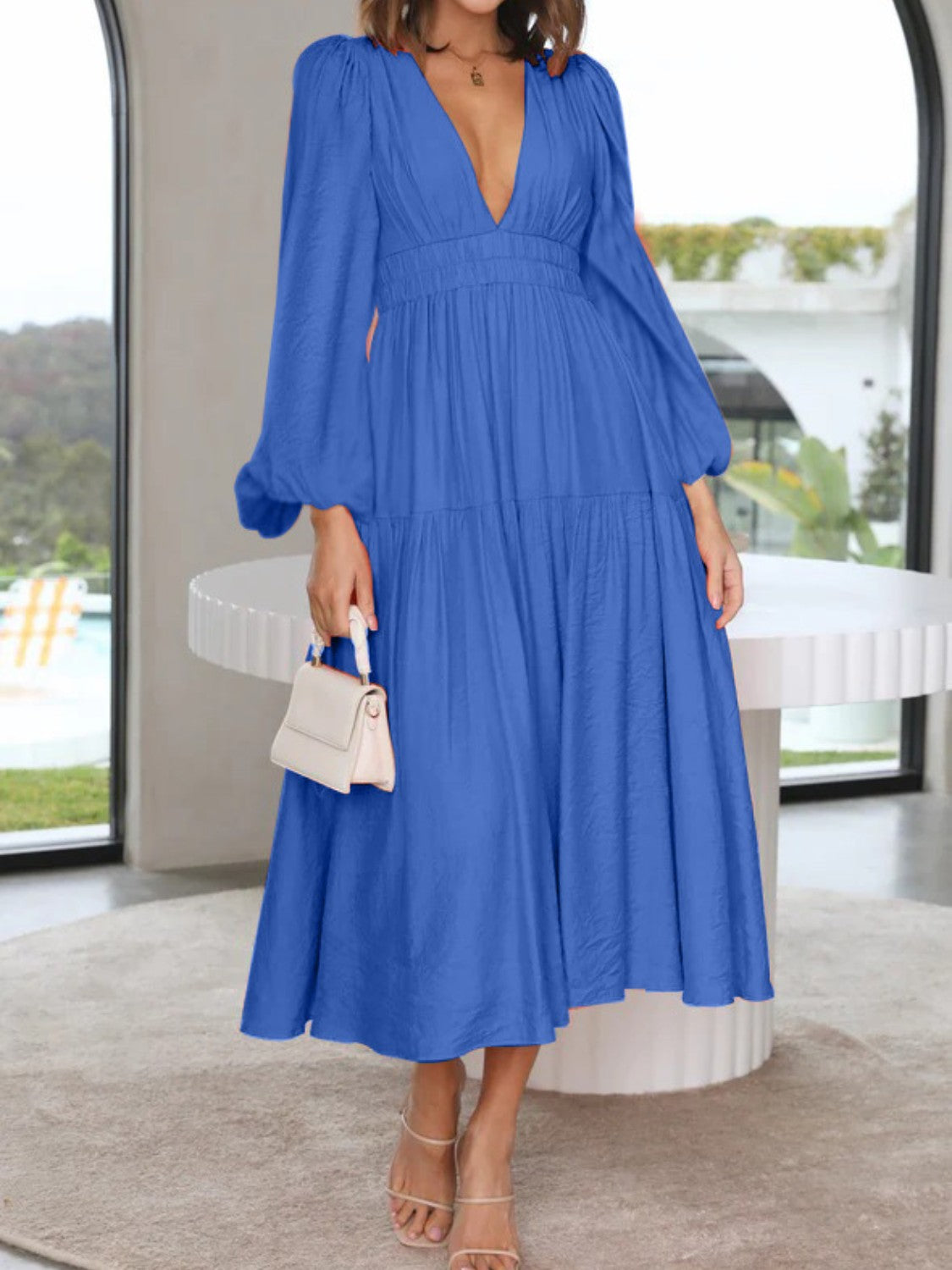 Buy cobalt-blue Deep V-Neck Balloon Sleeve Plain Maxi Dress