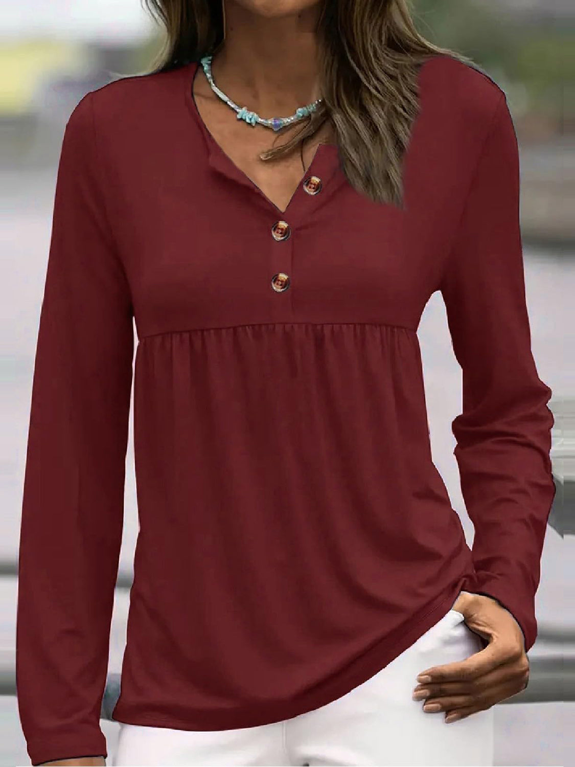 Buy burgundy Half Button Long Sleeve T-Shirt