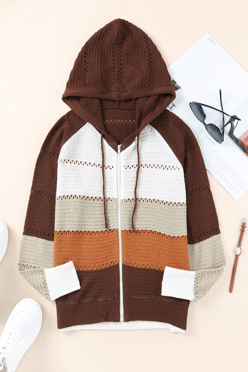 Buy coffee-brown Zip-Up Raglan Sleeve Openwork Hooded Cardigan