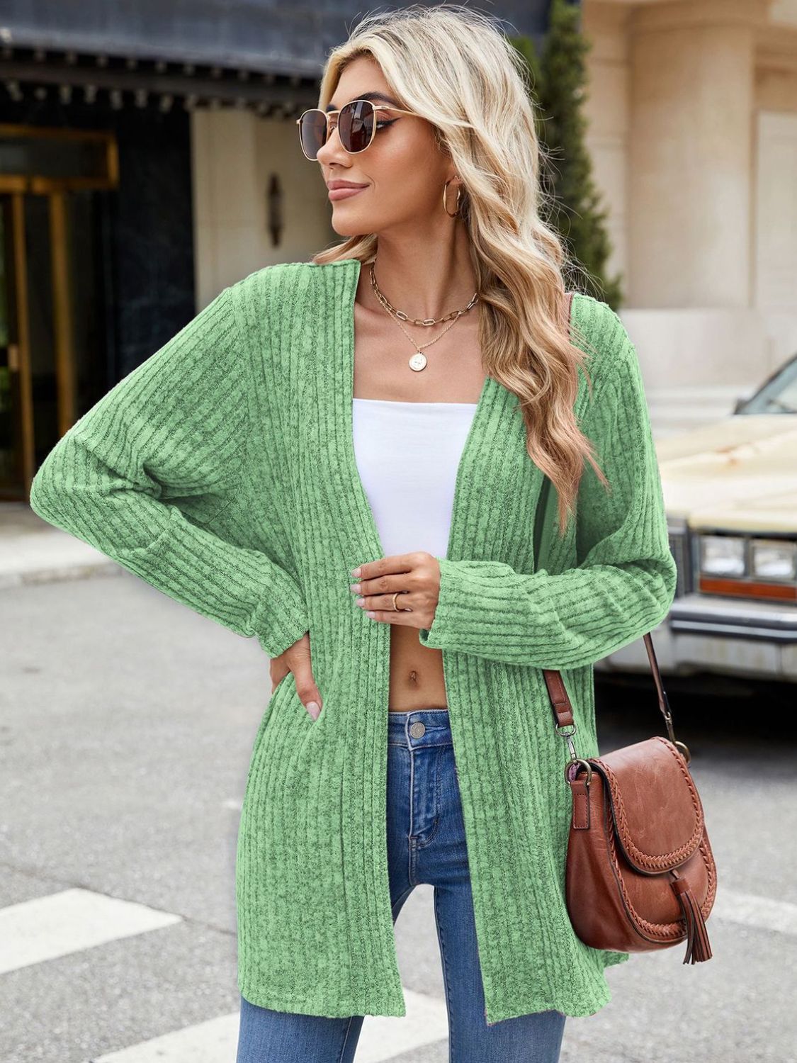 Buy gum-leaf Open Front Long Sleeve Cardigan