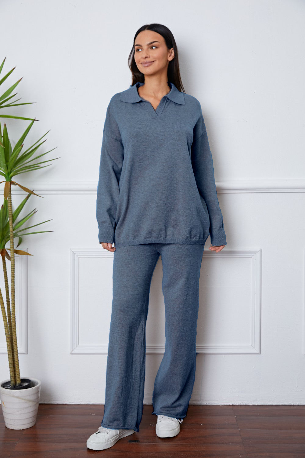 Buy french-blue Dropped Shoulder Sweater and Long Pants Set