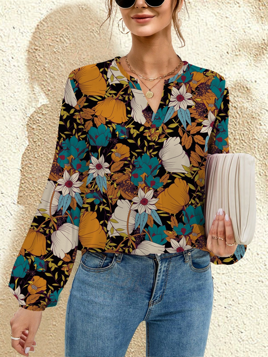 Buy french-blue FAM-FAM Printed Notched Long Sleeve Blouse