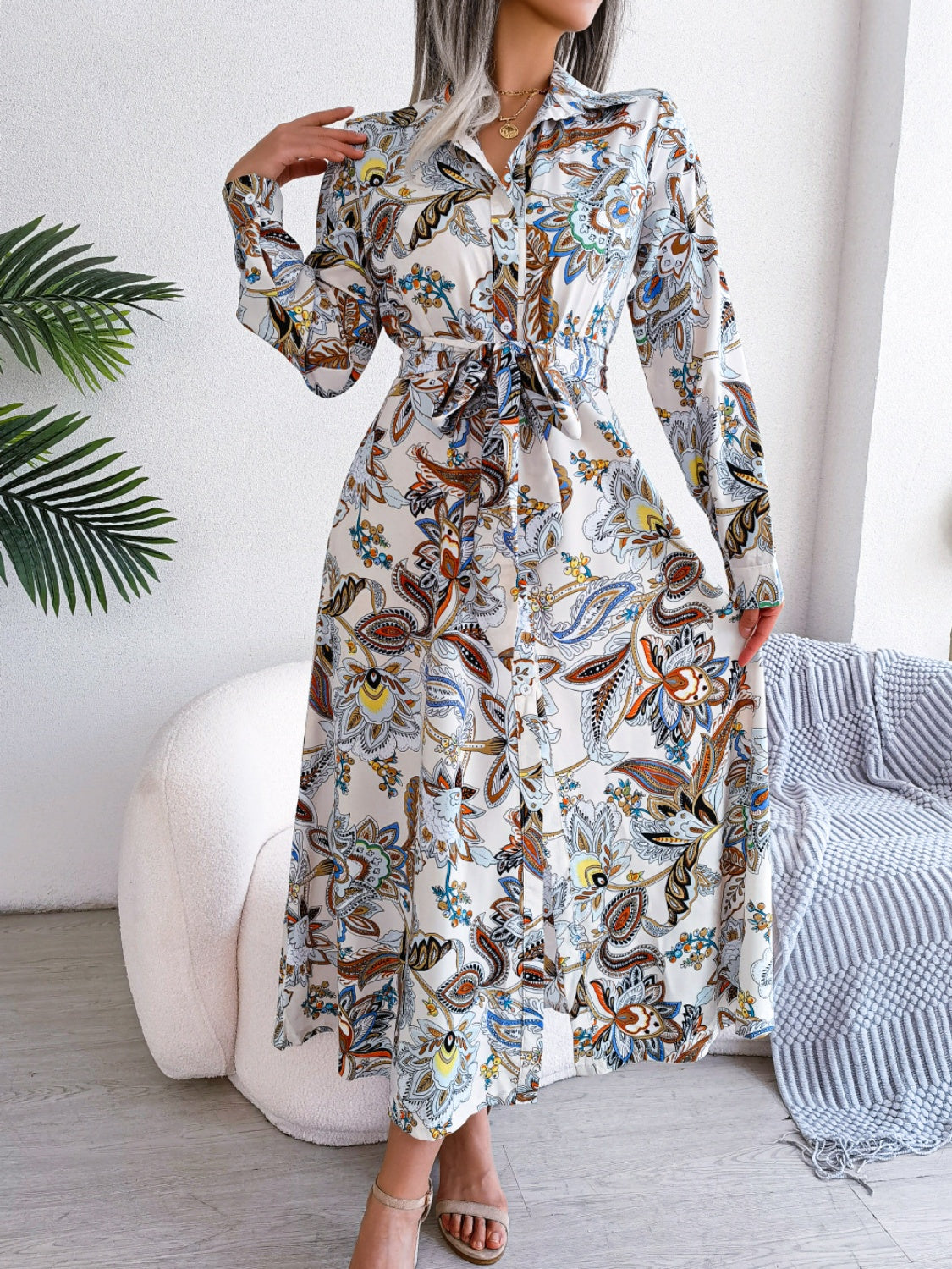 Buy white Tied Printed Long Sleeve Midi Dress