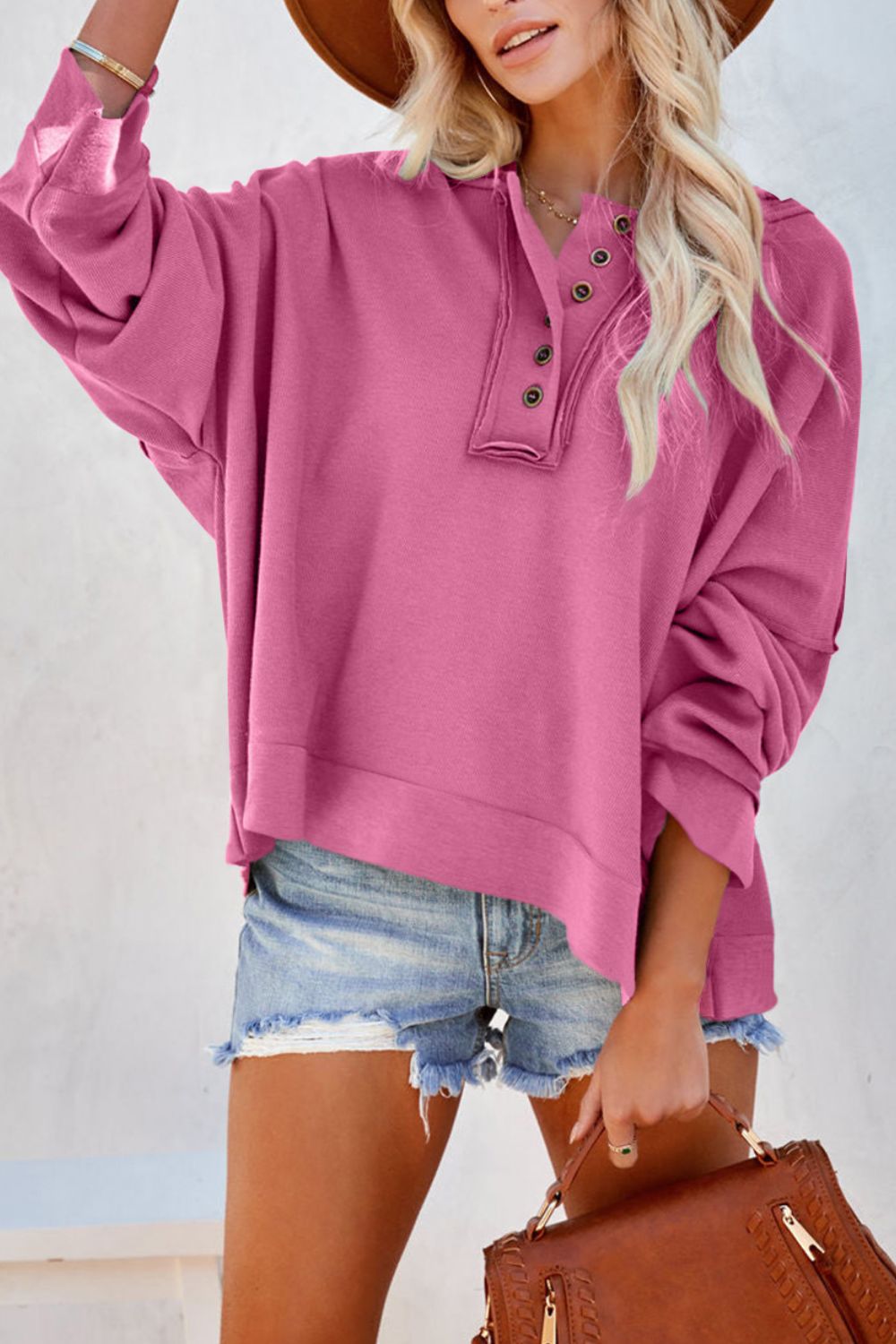 Buy carnation-pink Quarter-Button Exposed Seam Dropped Shoulder Hoodie