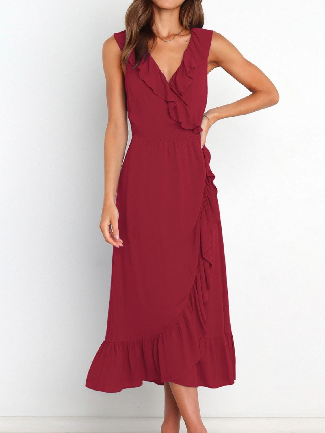 Buy burgundy Ruffled Surplice Sleeveless Midi Dress