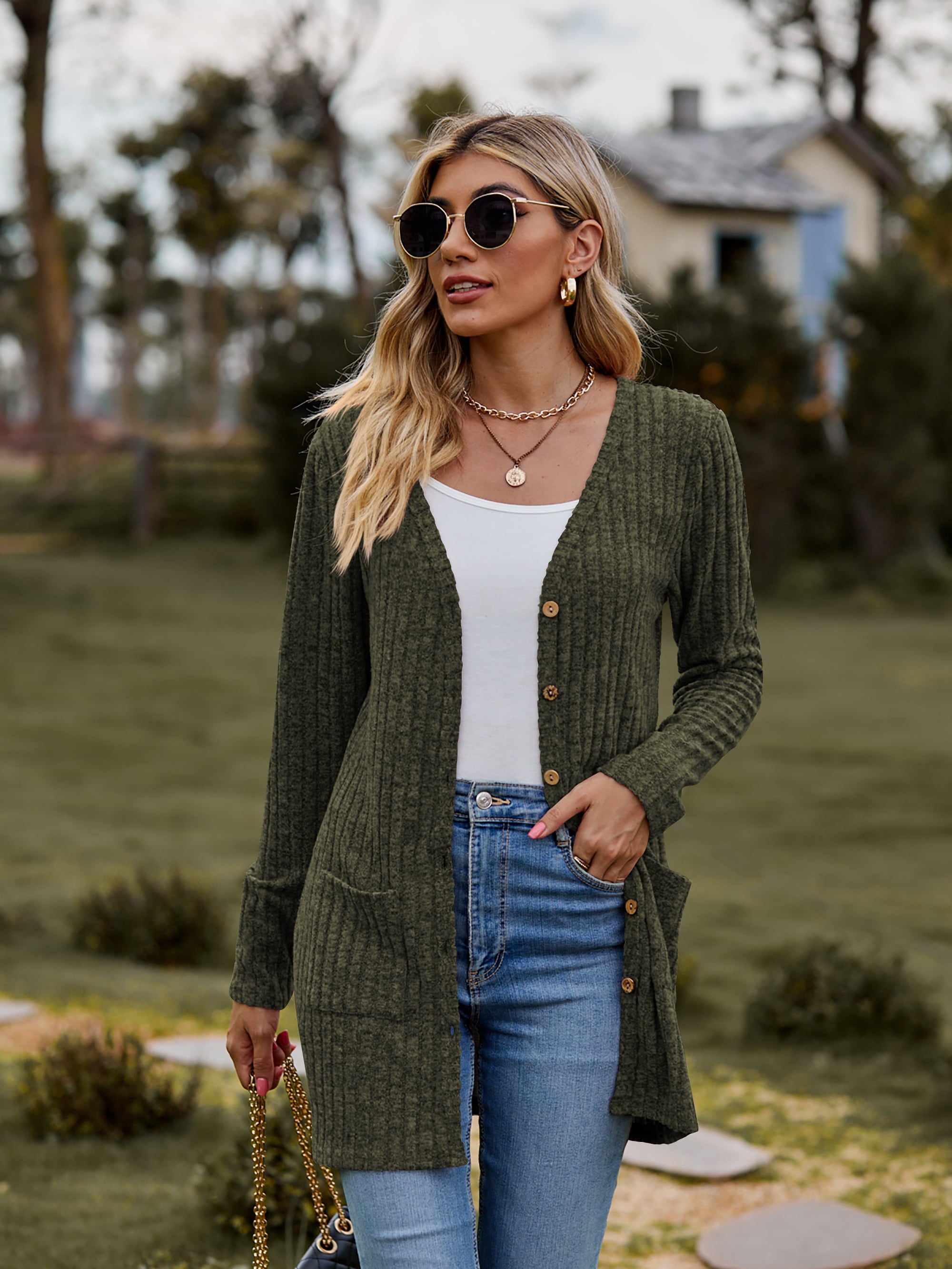 Buy army-green Ribbed Button-Up Cardigan with Pockets