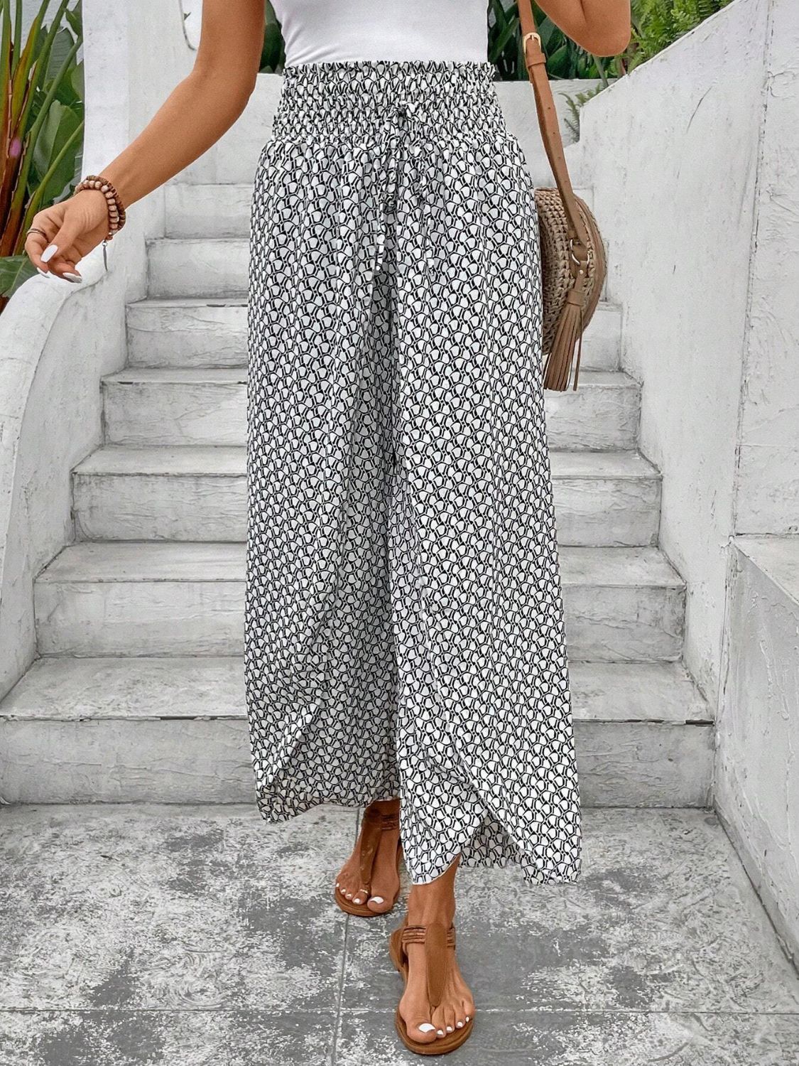 Buy white Tied Printed Wide Leg Pants