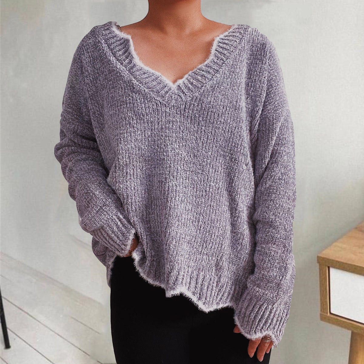 Buy lavender V-Neck Drop Shoulder Long Sleeve Sweater