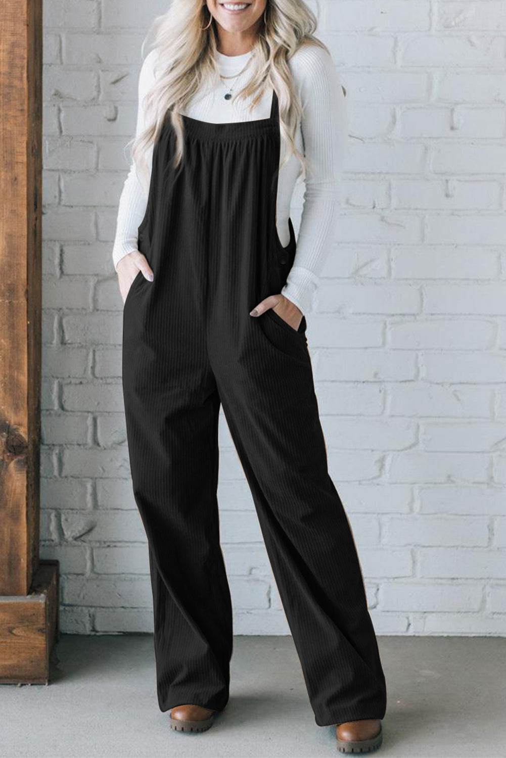 Buy black Square Neck Wide Strap Overalls