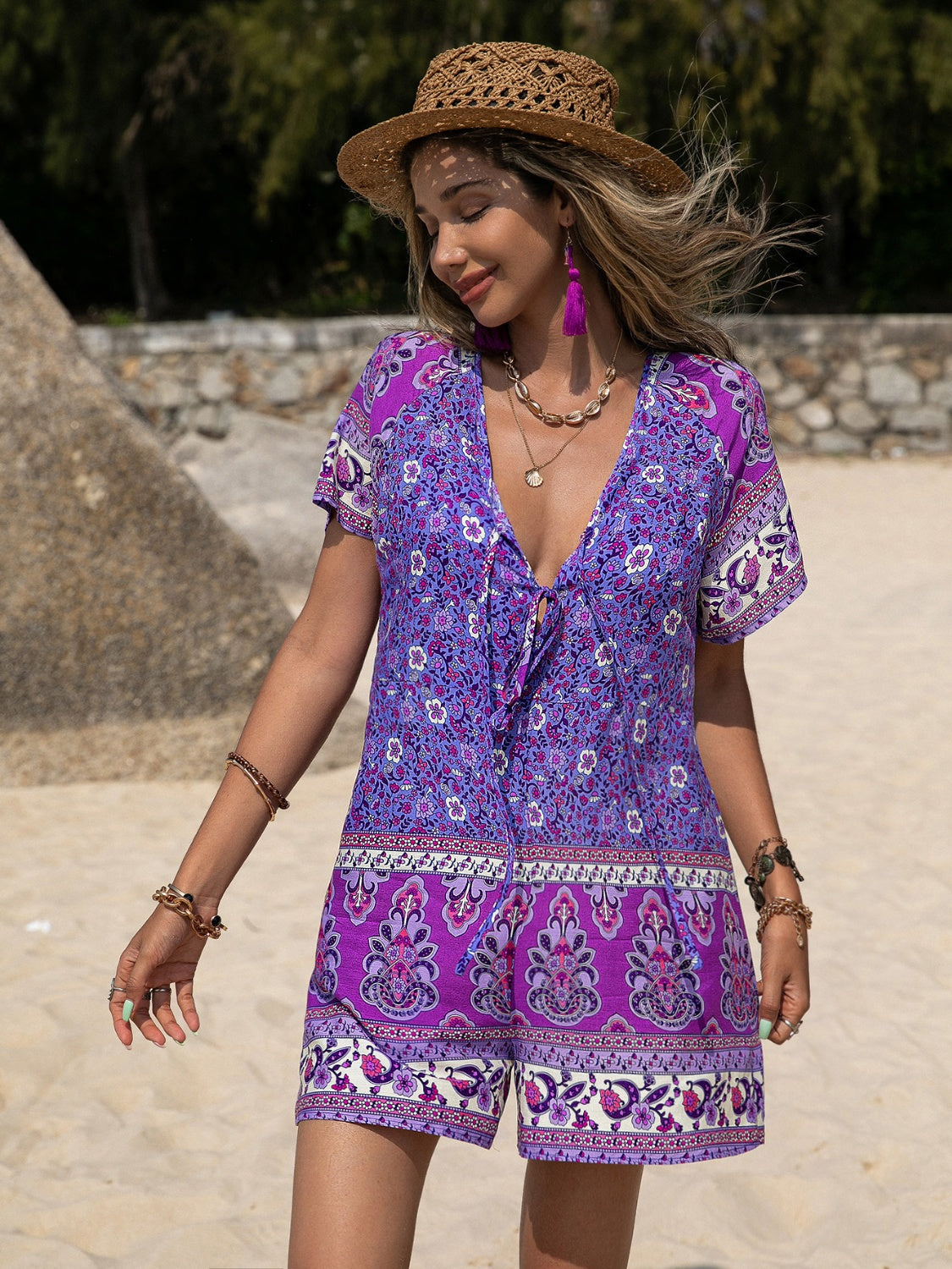 Buy purple Tied Printed Short Sleeve Romper