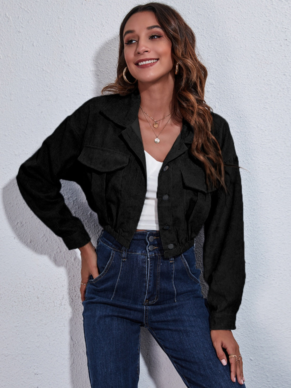 Buy black Collared Neck Dropped Shoulder Buttoned Jacket