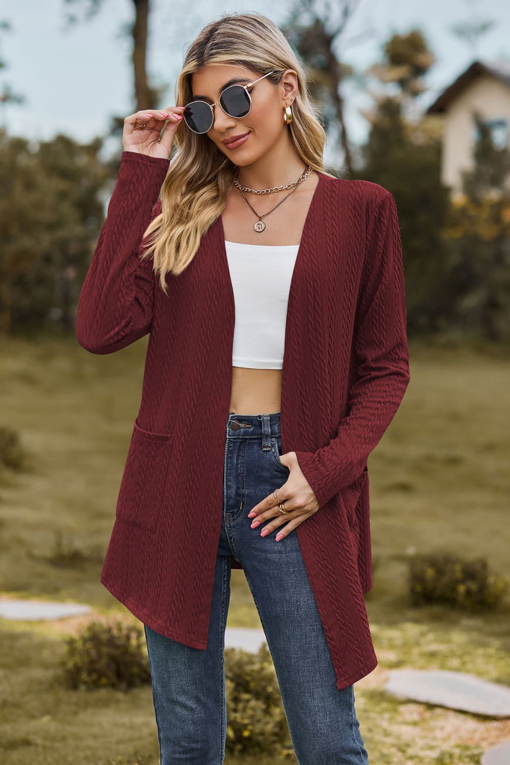 Buy burgundy Cable-Knit Long Sleeve Cardigan with Pocket