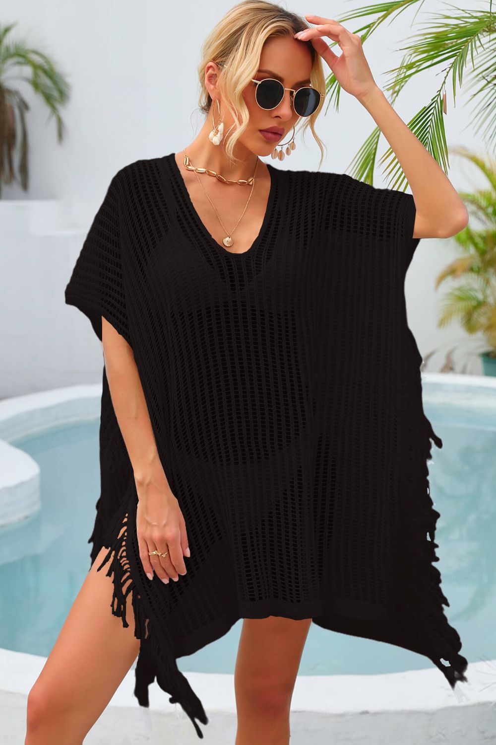 Buy black Angel Wings Fringe Trim Openwork Cover Up