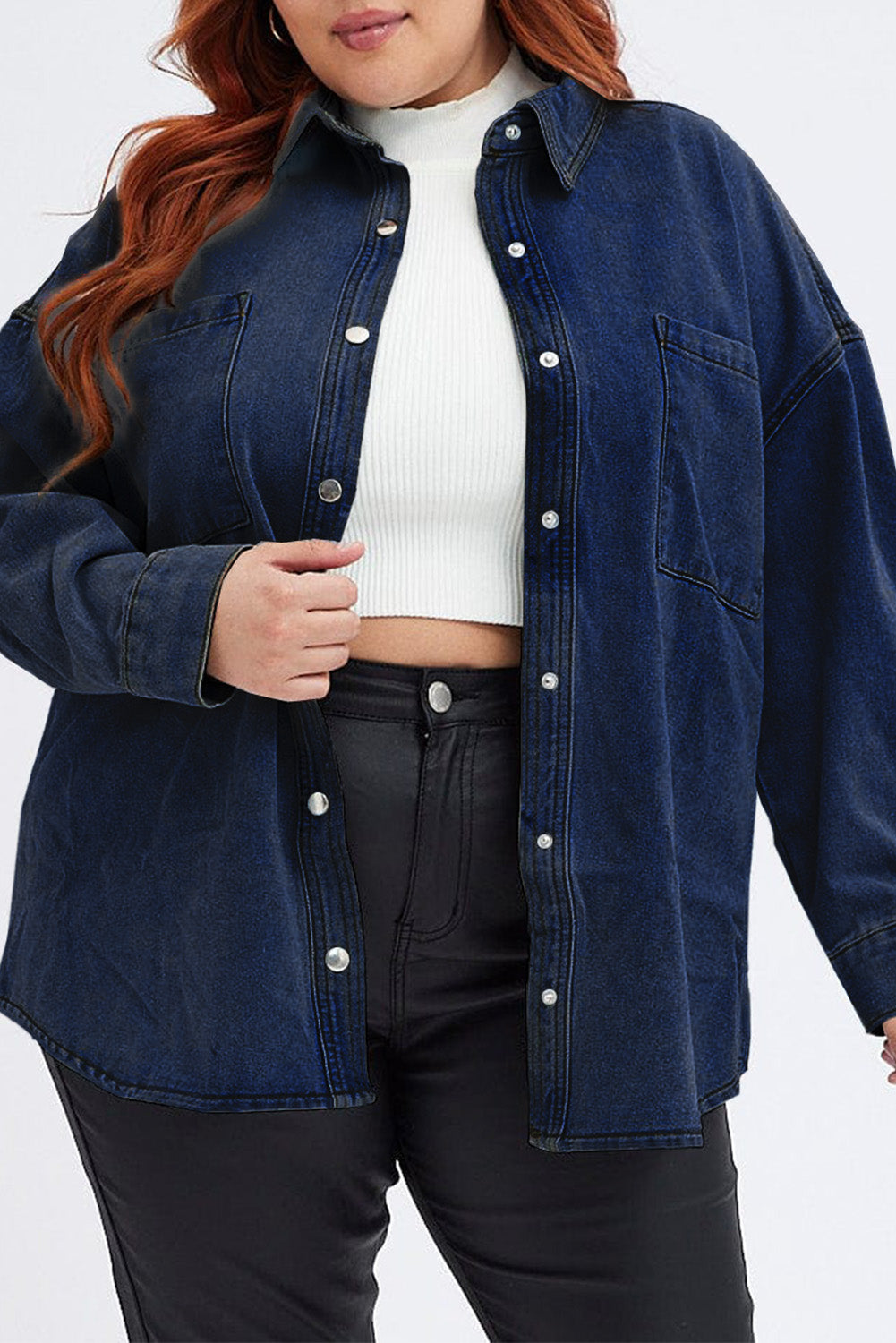 Buy dark Plus Size Snap Down Pocketed Denim Jacket