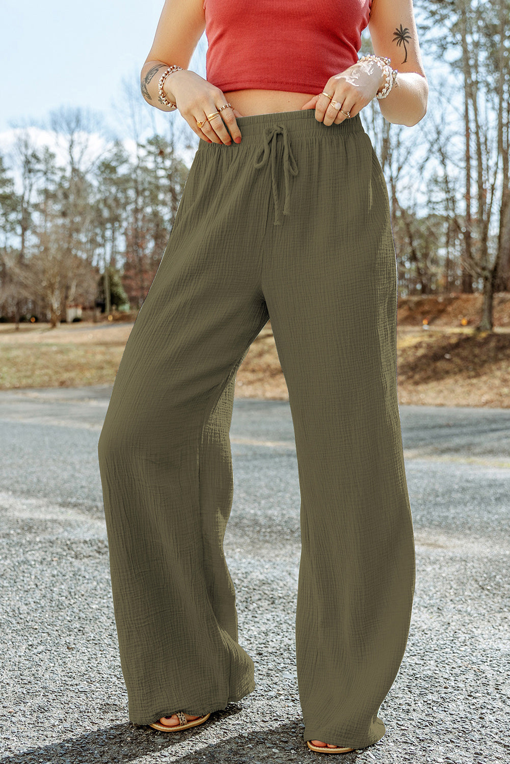 Buy moss Texture Tied Wide Leg Pants