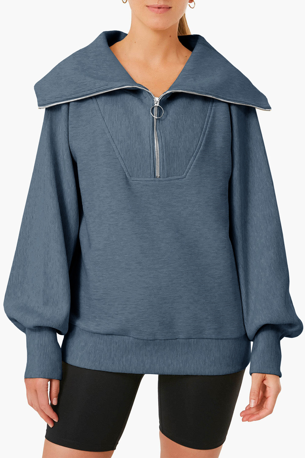 Buy deep-teal Pocketed Quarter Zip Collared Neck Sweatshirt