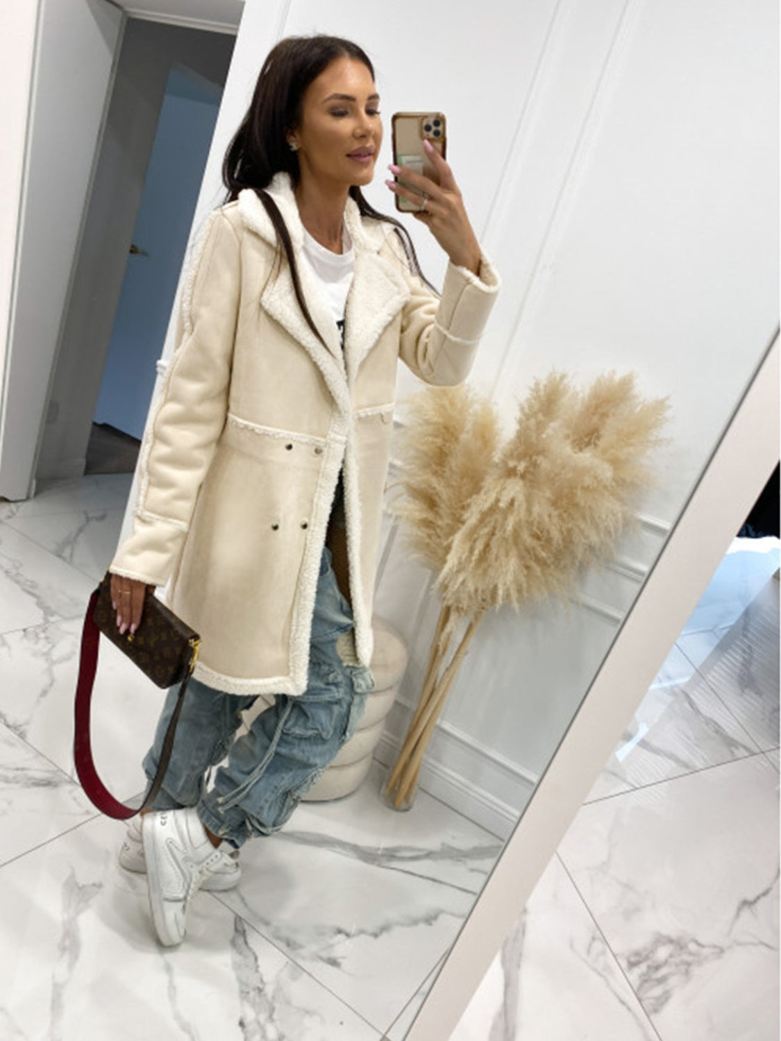 Buy cream Lapel Collar Exposed Seam Buttoned Coat