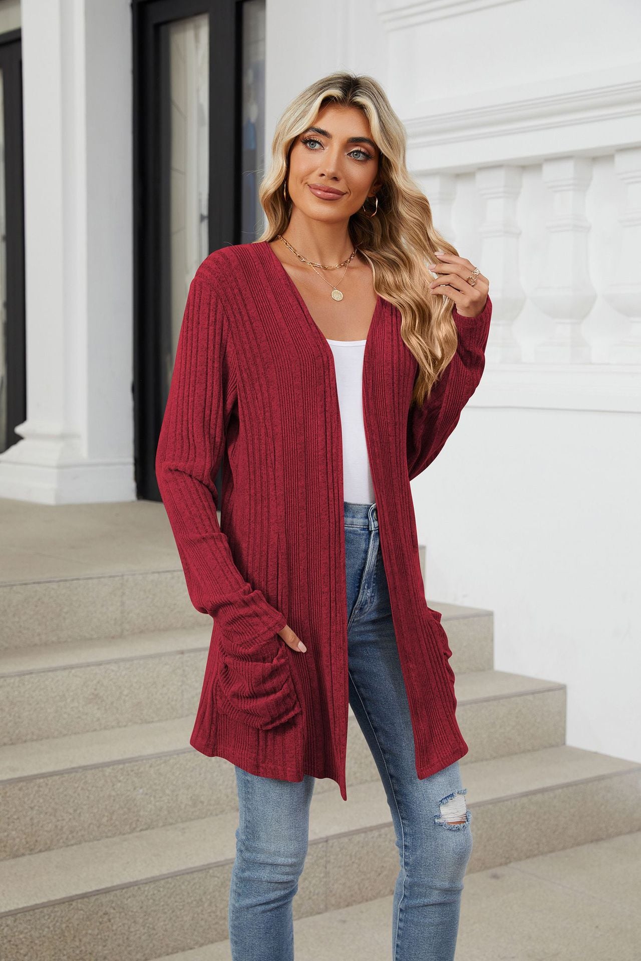 Buy burgundy Pocketed Open Front Long Sleeve Cardigan