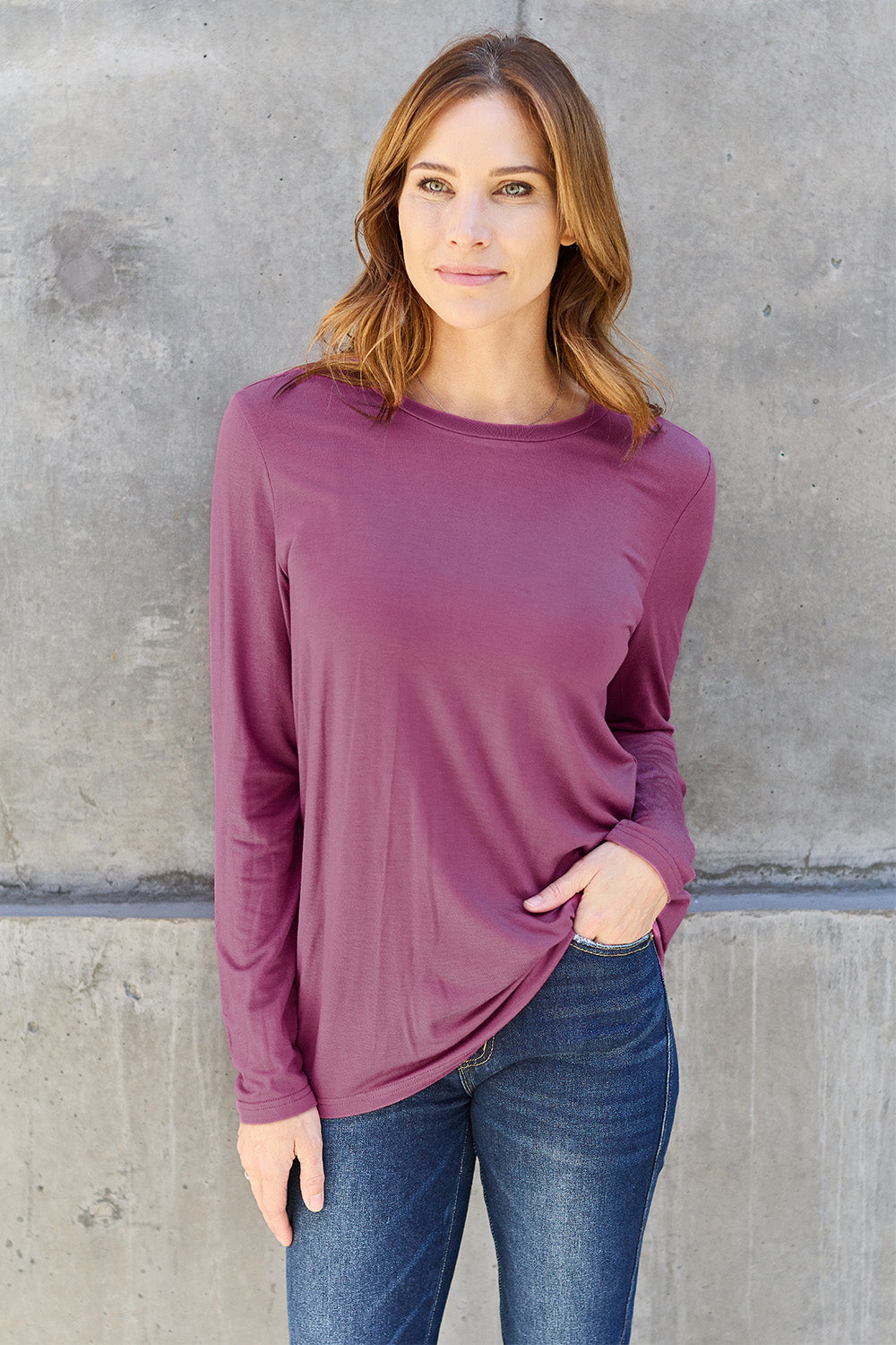 Buy mauve Basic Bae Full Size Round Neck Long Sleeve Top