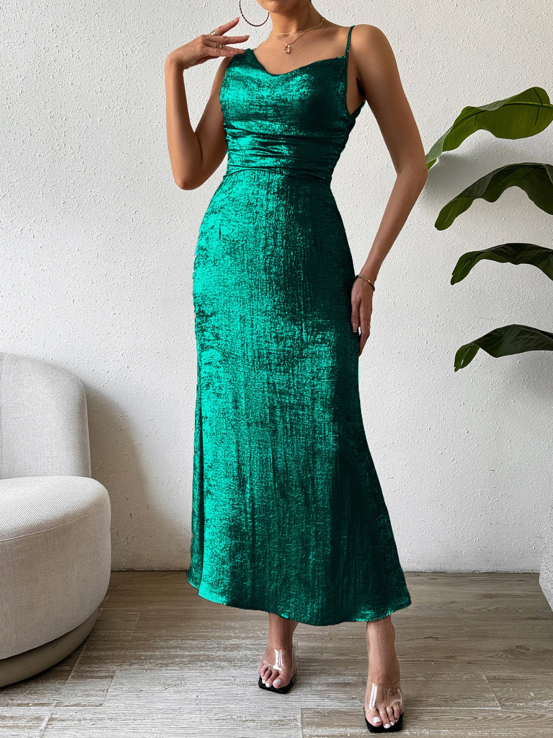 Buy dark-green Honey Asymmetric Neck Sleeveless Midi Dress