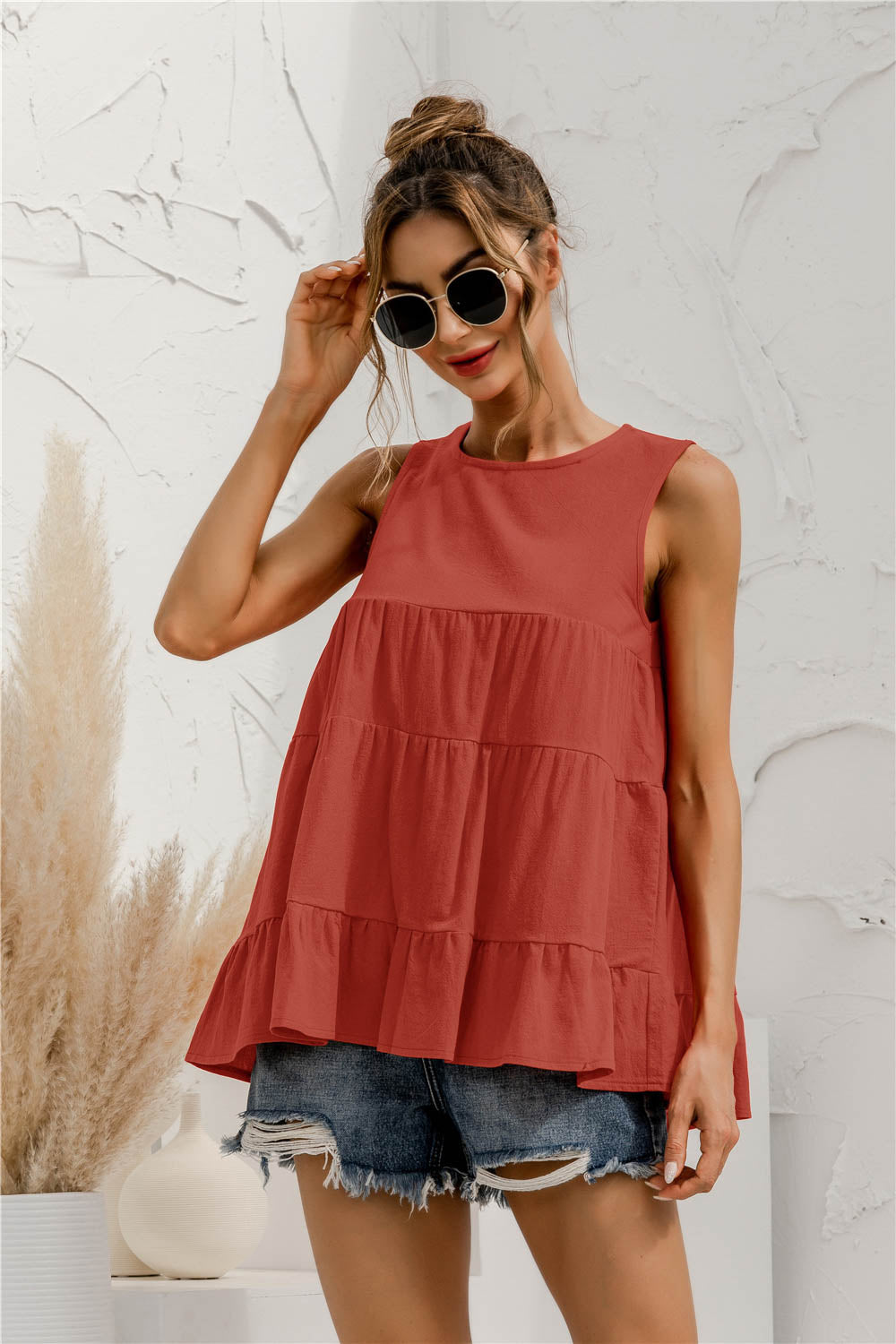 Buy brick-red Round Neck Tiered Tank