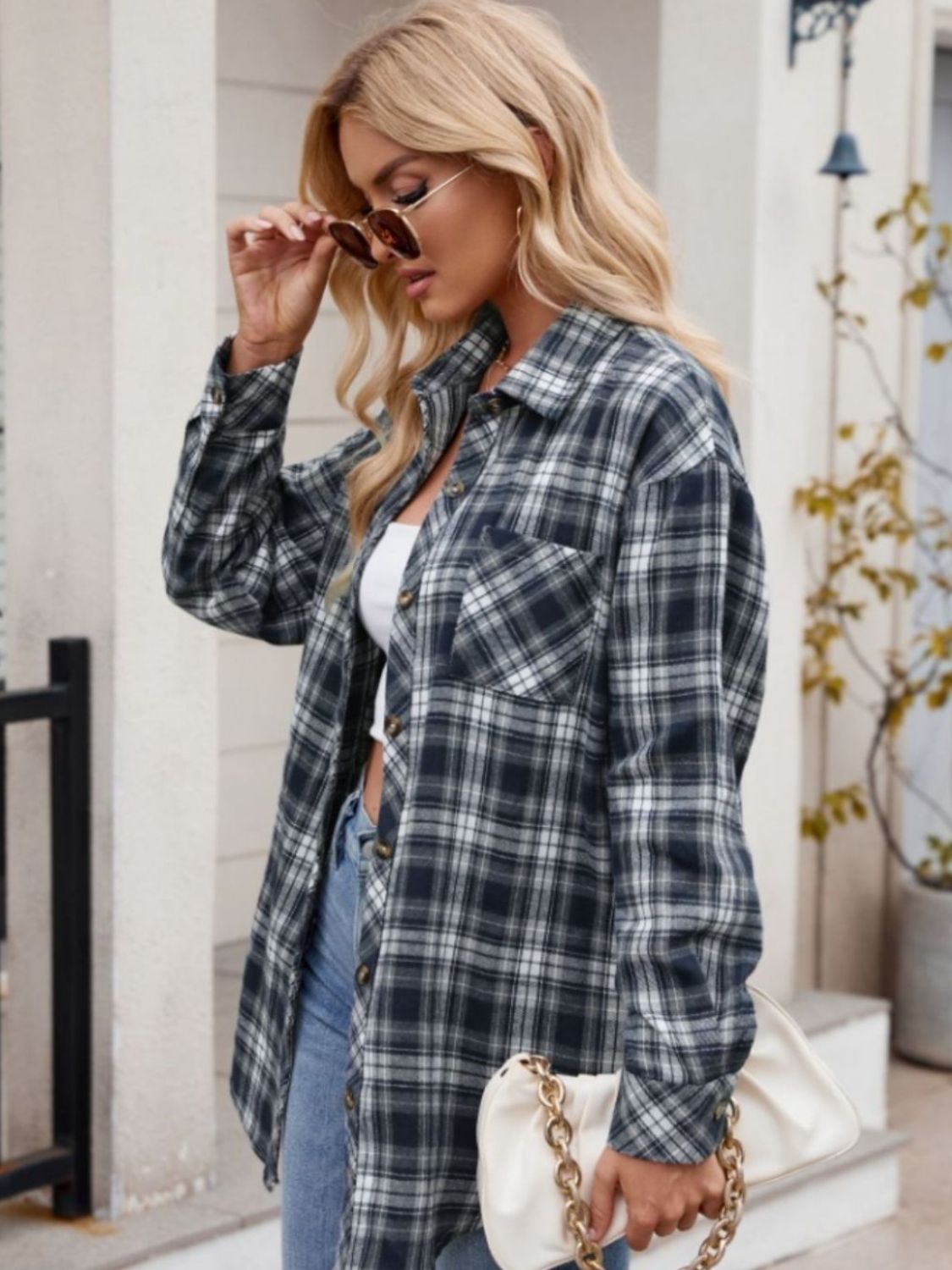 Buy dark-navy Mandy Pocketed Plaid Collared Neck Long Sleeve Shirt