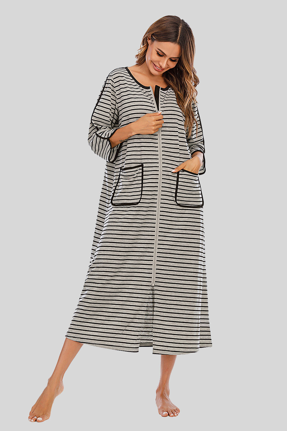 Buy heather-gray Round Neck Three-Quarter Sleeve Midi Night Dress