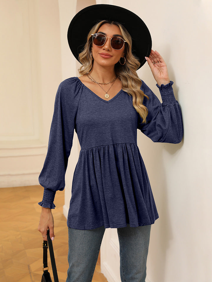 Buy navy V-Neck Lantern Sleeve Blouse