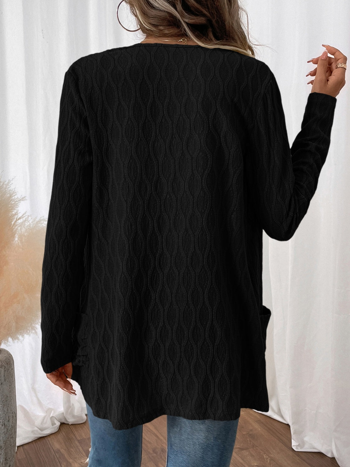 Buy black Open Front Long Sleeve Cardigan with Pockets