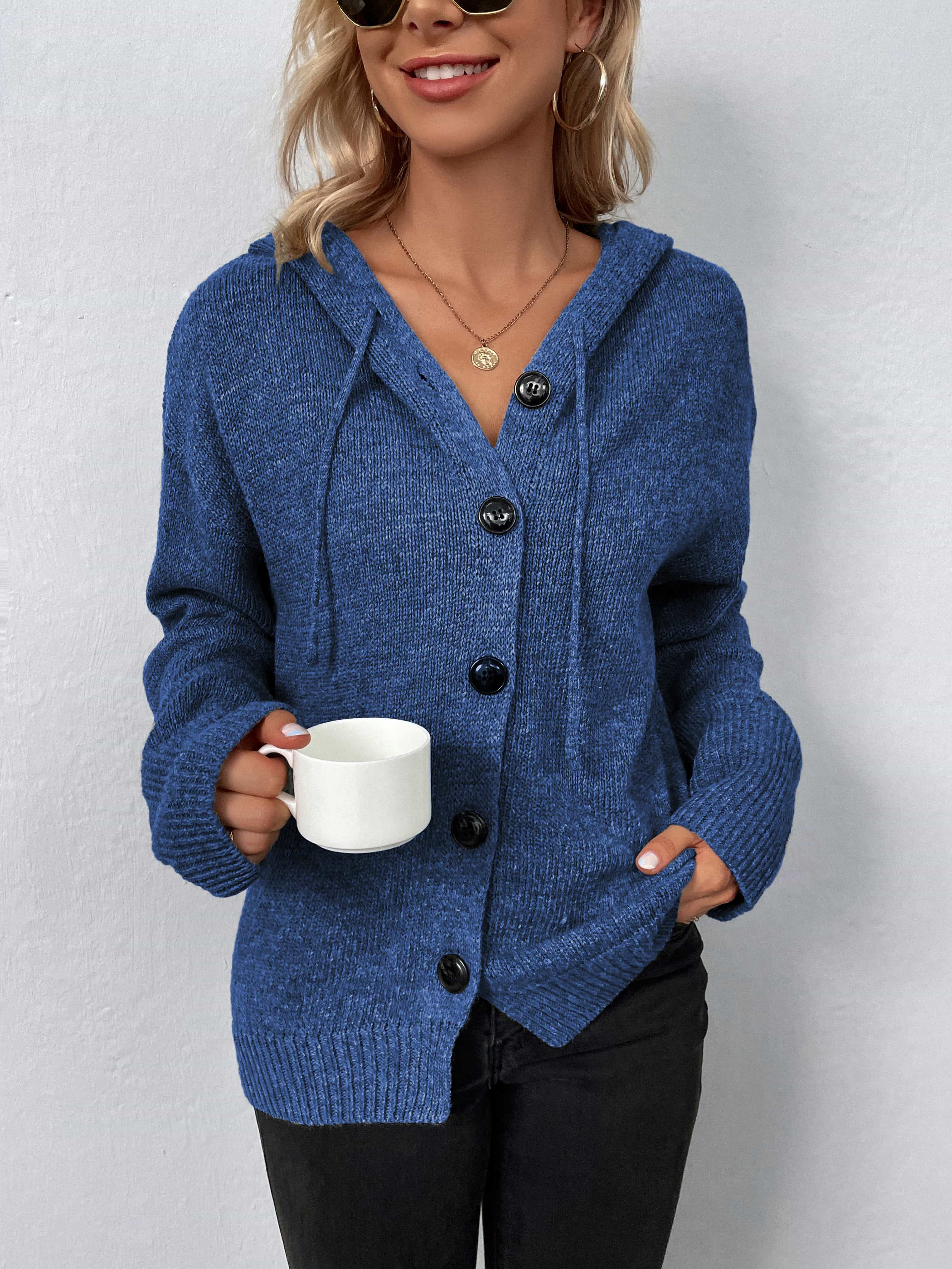 Buy dusty-blue Button-Down Long Sleeve Hooded Sweater