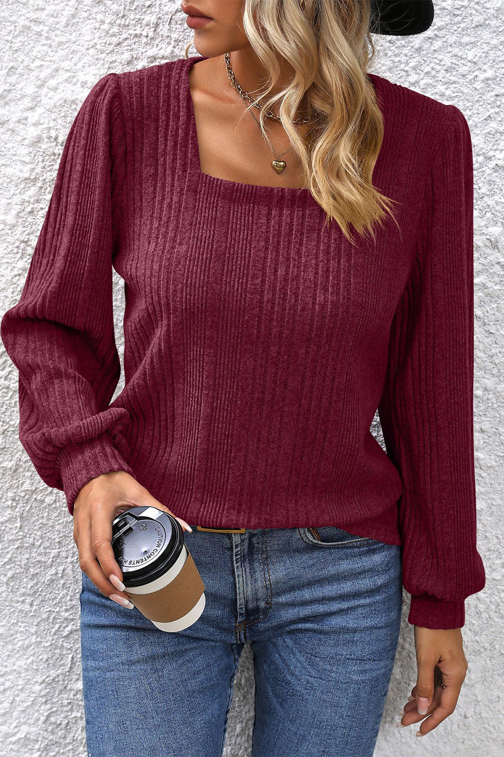 Buy wine Square Neck Puff Sleeve Blouse