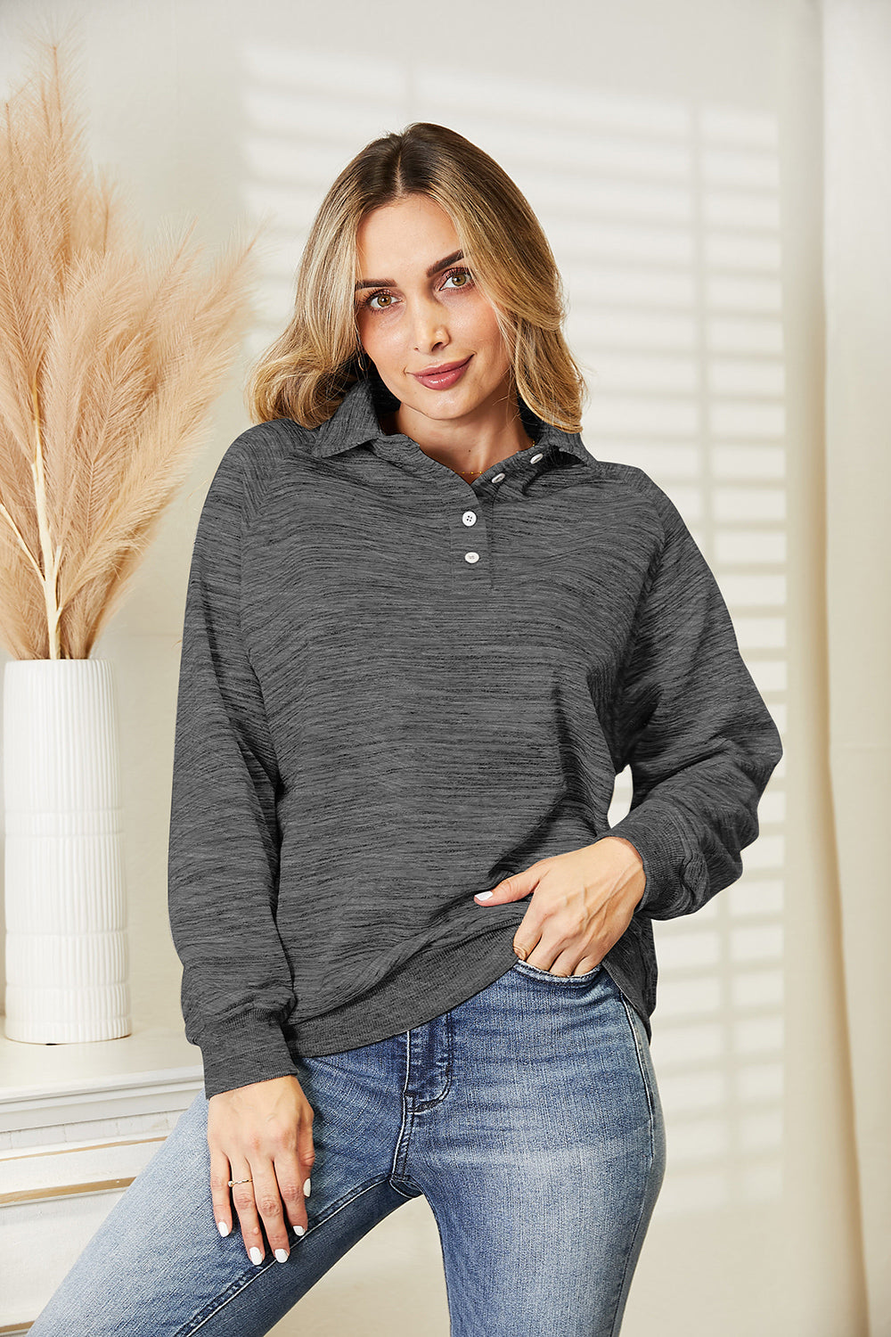 Buy charcoal Ninexis Full Size Quarter-Button Collared Sweatshirt