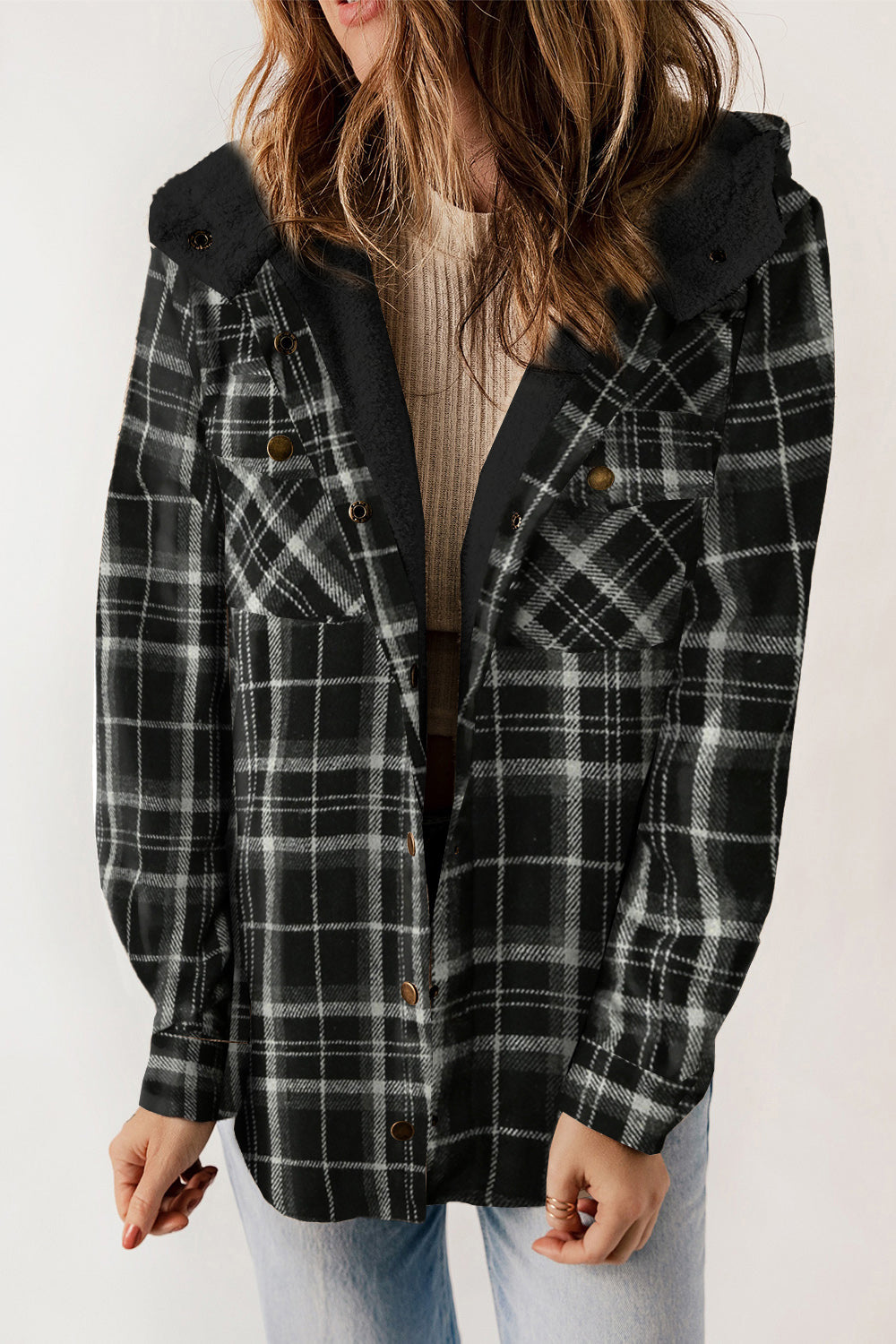 Buy black Plaid Snap Down Hooded Jacket