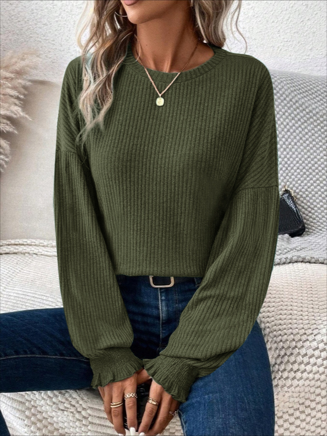 Buy army-green Ribbed Round Neck Lantern Sleeve T-Shirt