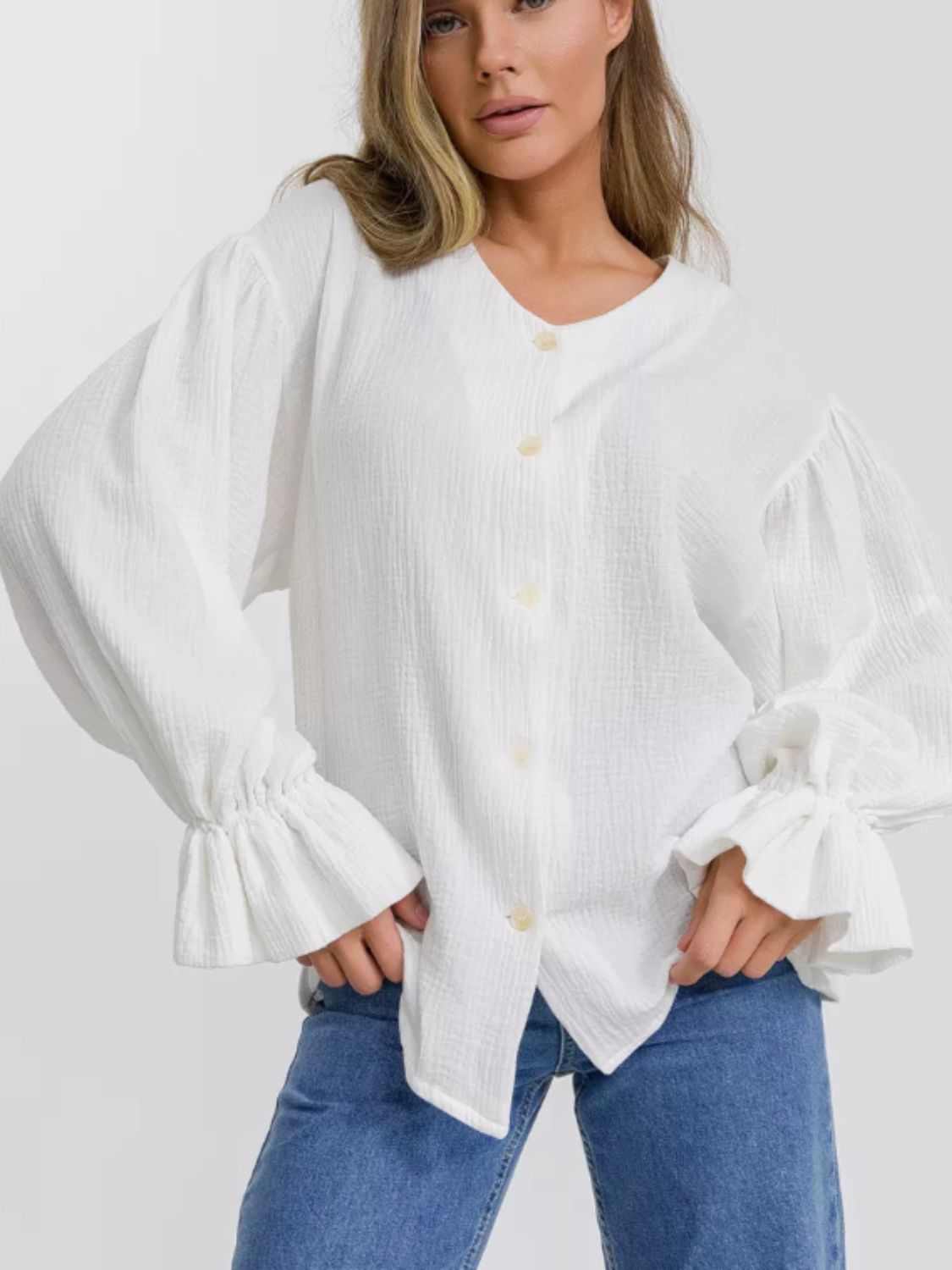 Buy white Button Up Flounce Sleeve Shirt