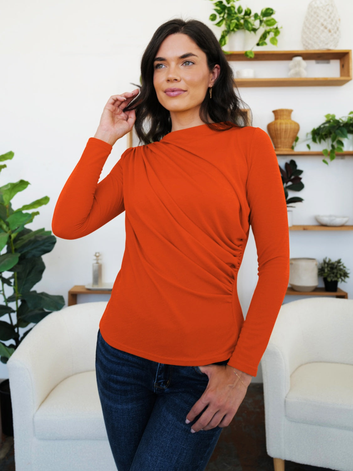 Buy terracotta FAM-FAM Ruched Mock Neck Long Sleeve T-Shirt