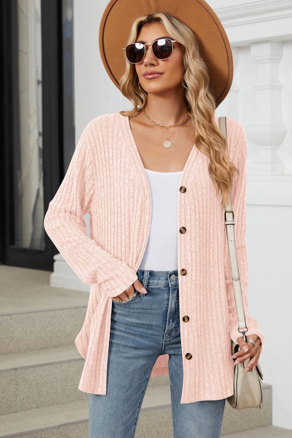 Buy watermelon-pink Ribbed Button Up Long Sleeve Cardigan