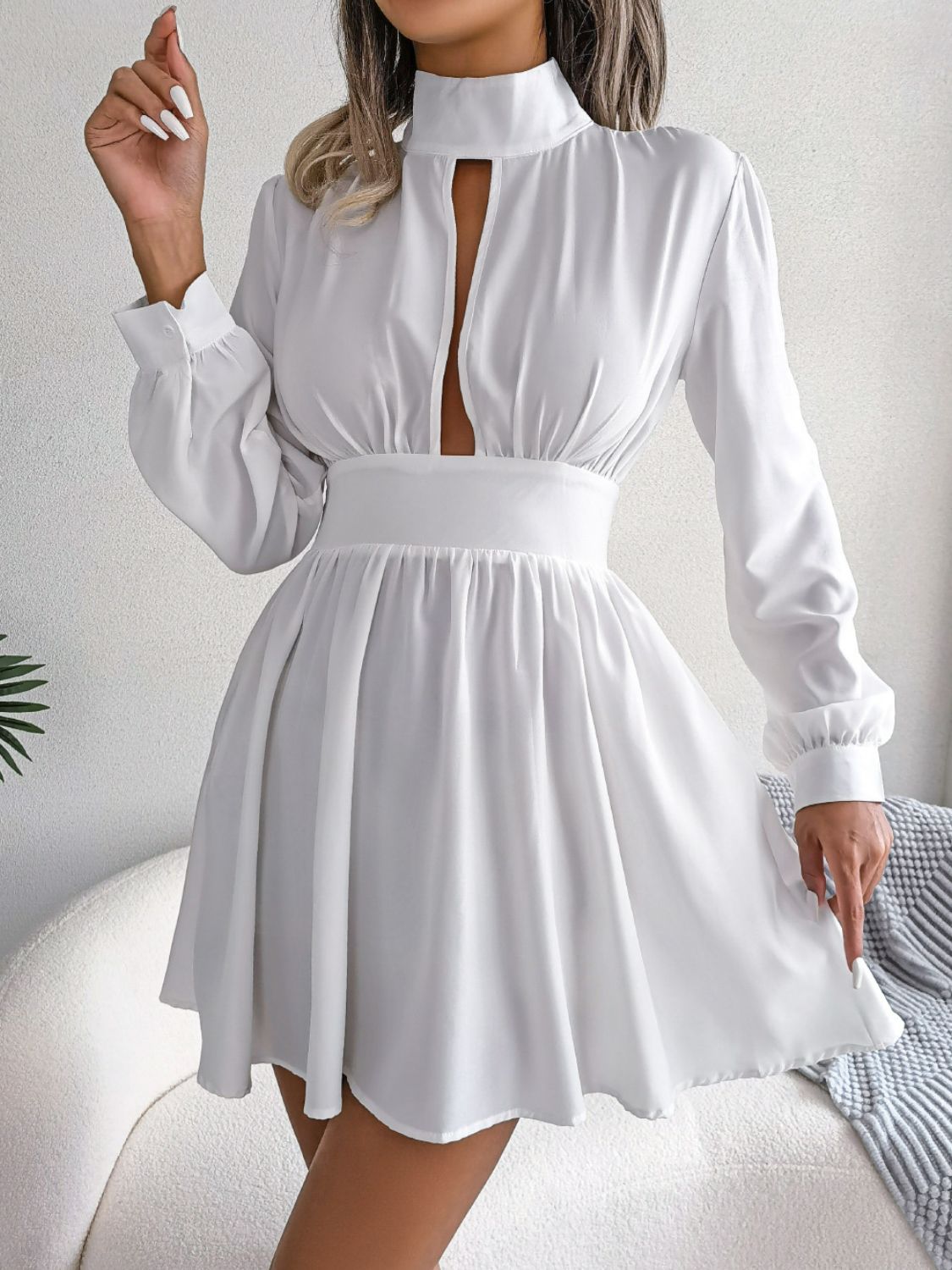 Buy white Cutout Turtleneck A-Line Mini Dress