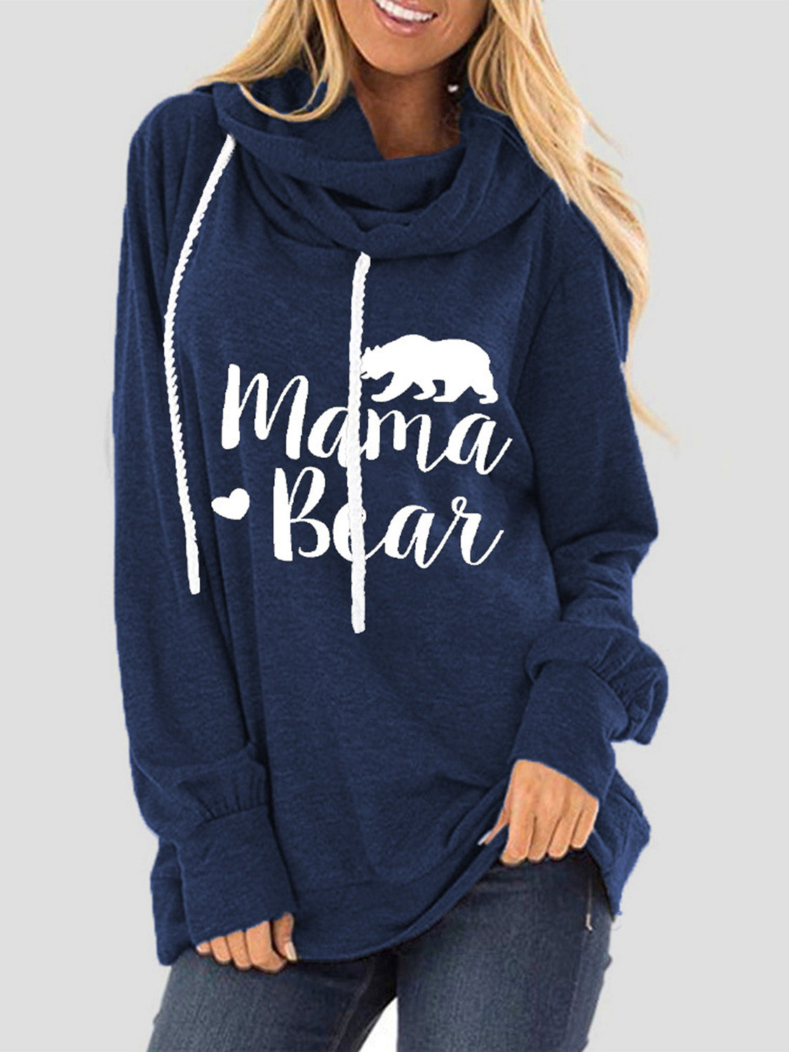 Buy dark-blue Drawstring Letter Graphic Long Sleeve Hoodie