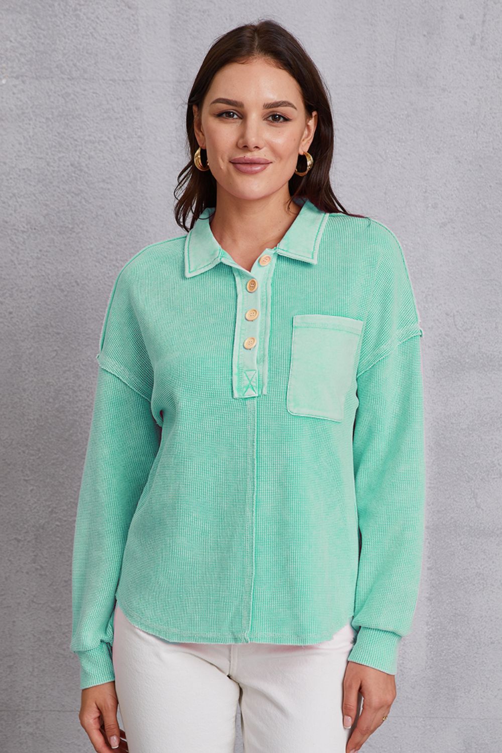 Buy light-green Quarter Button Dropped Shoulder Sweatshirt