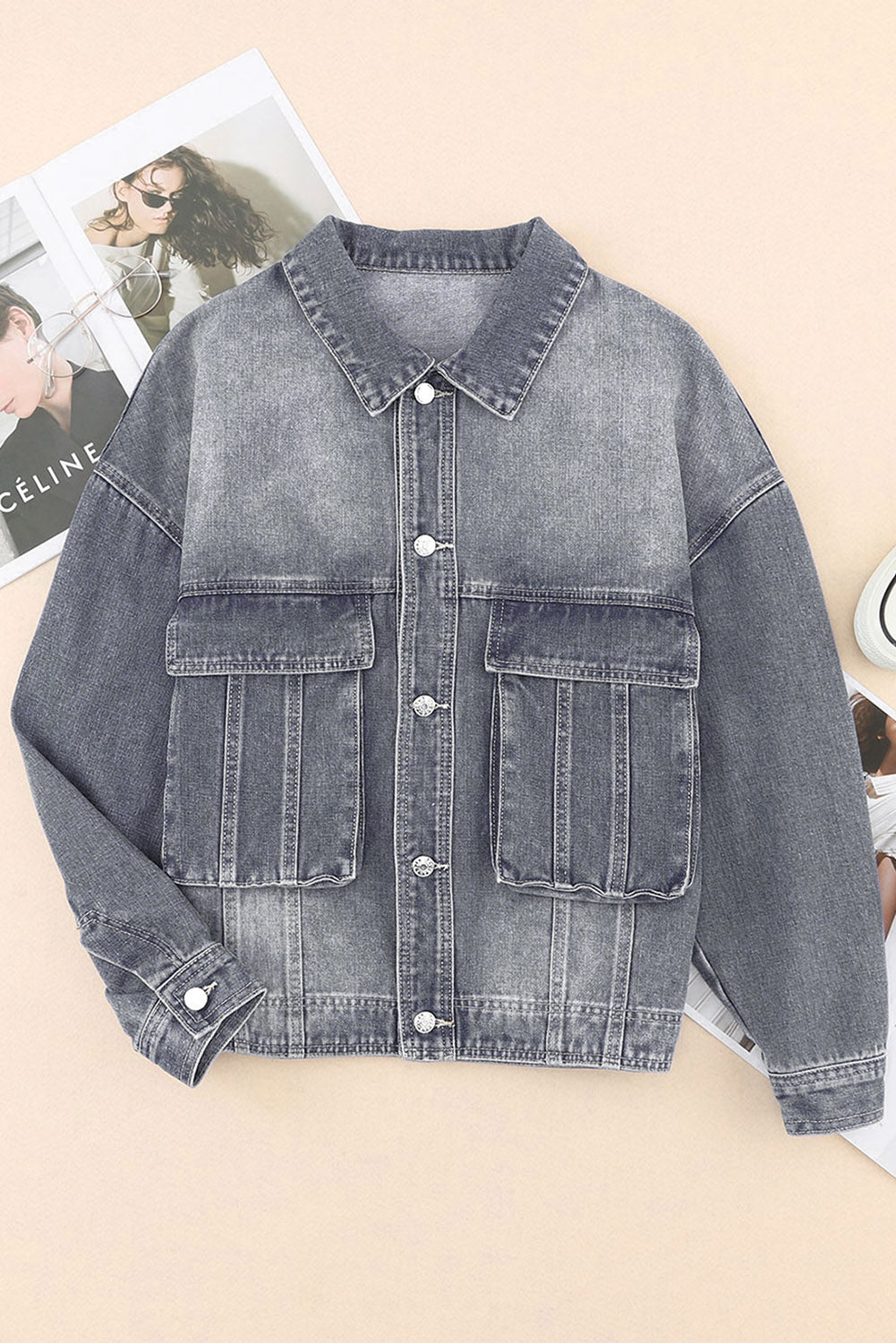 Buy dark-gray Button Up Dropped Shoulder Denim Jacket with Pockets