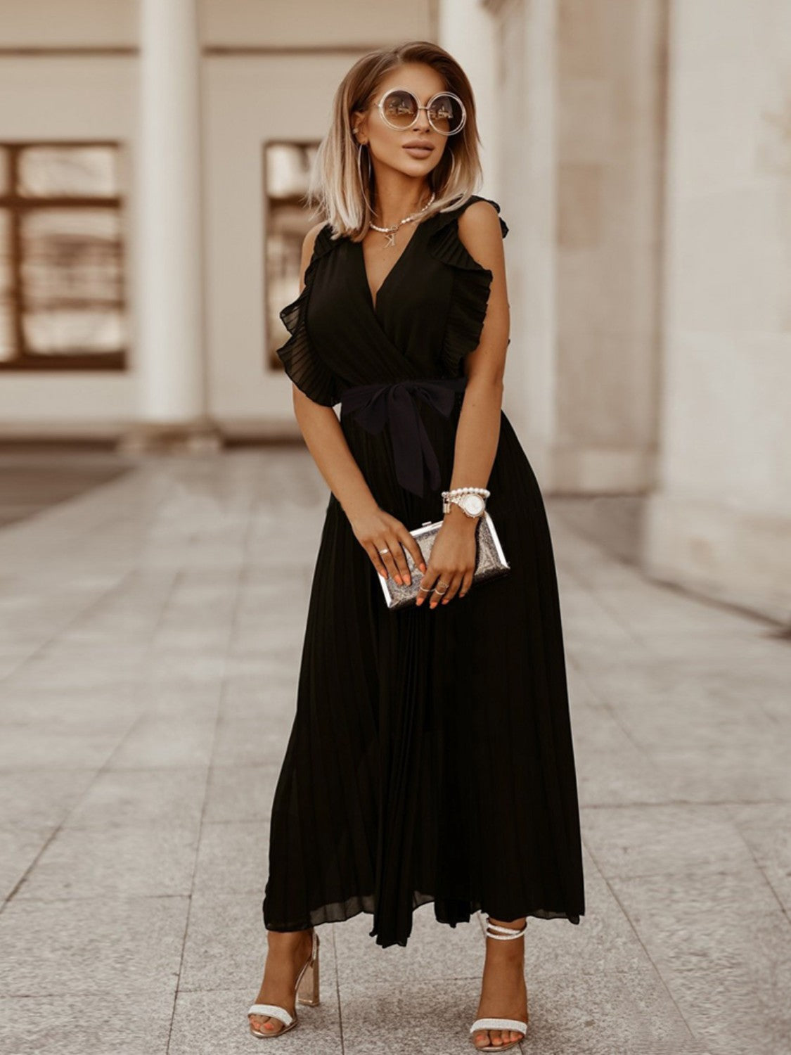 Buy black Tied Surplice Cap Sleeve Pleated Dress