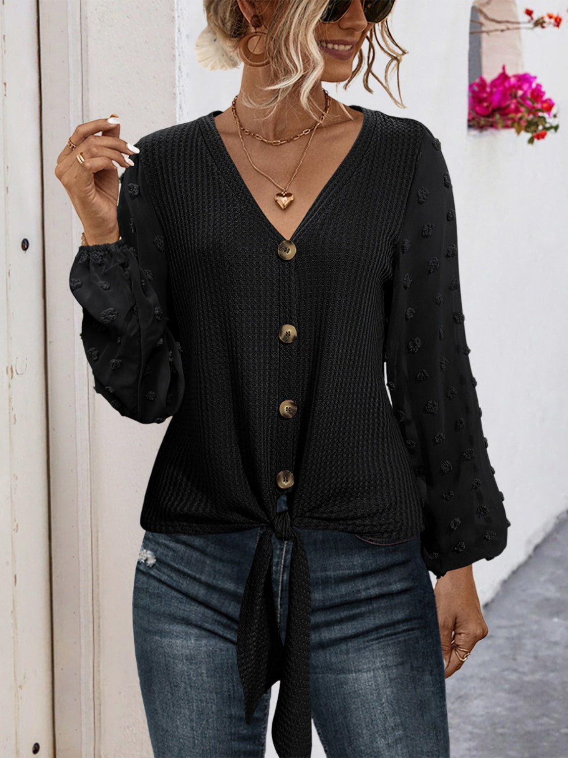 Buy black Tied Swiss Dot V-Neck Long Sleeve Blouse