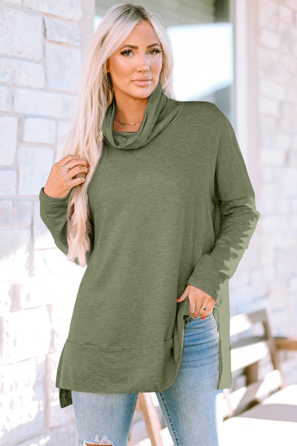 Buy sage Cowl Neck Long Sleeve Slit Blouse