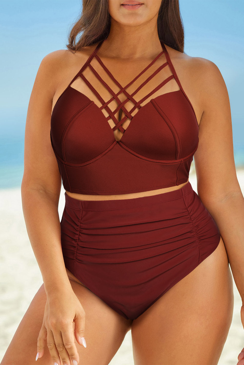 Buy rust Full Size Halter Neck Crisscross Ruched Two-Piece Swimsuit